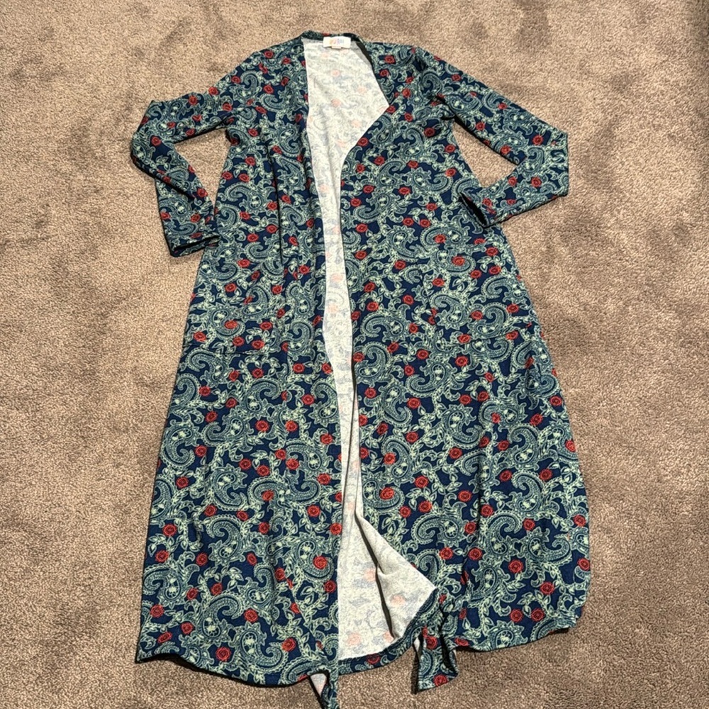 LuLaRoe Sarah Paisley Duster Cardigan Blue Red Floral Open Front SIZE XS